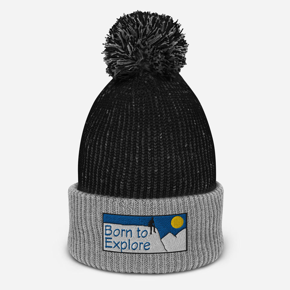 Born to Explore Black/Grey Pom-Pom Beanie - Poised Wanderer