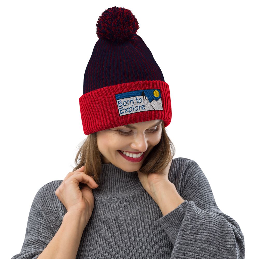 Born to Explore Navy/Red Pom-Pom Beanie - Poised Wanderer