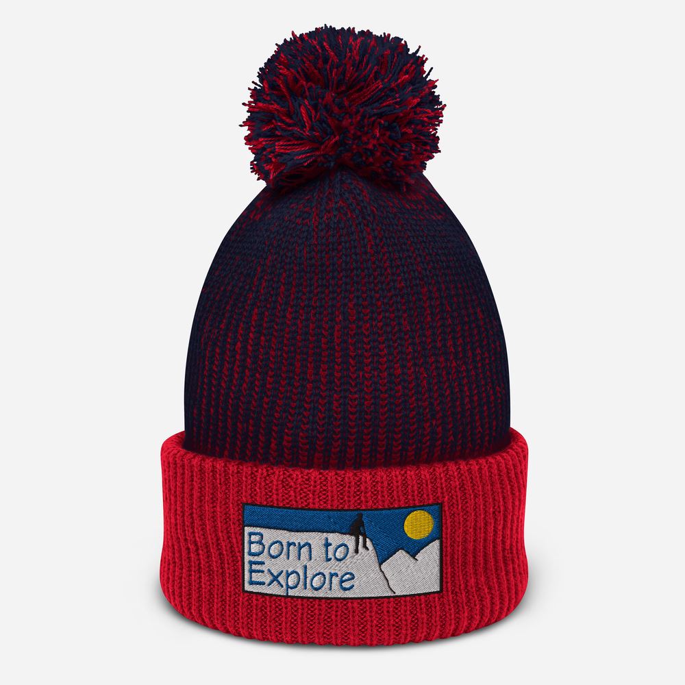 Born to Explore Navy/Red Pom-Pom Beanie - Poised Wanderer