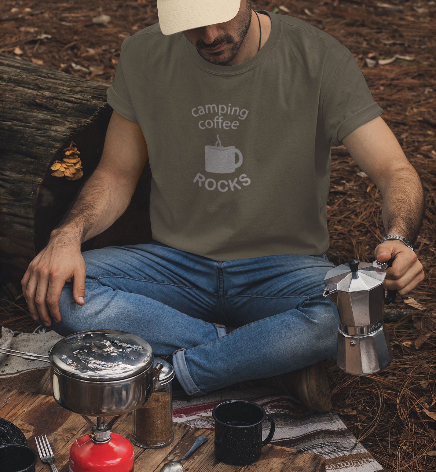 Camping Coffee Rocks T-Shirt - Poised Wanderer